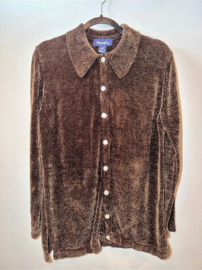 Denim & Co. Luxe Brown Velour Chenille Long Sleeve Button-Up Shirt size Med cozy